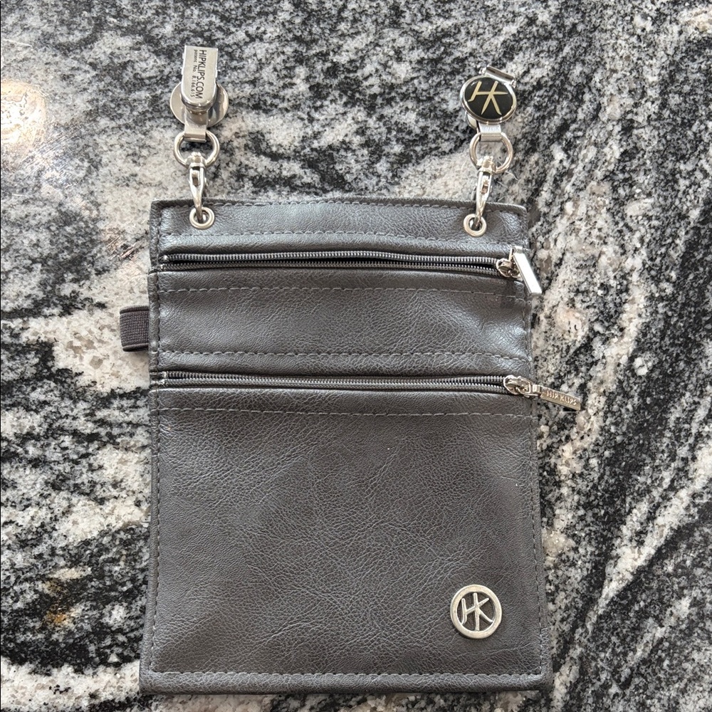 HipKlip Gray Vegan Leather Hands-Free Clip-On Hip Pouch 2-Zipper Travel Bag HK